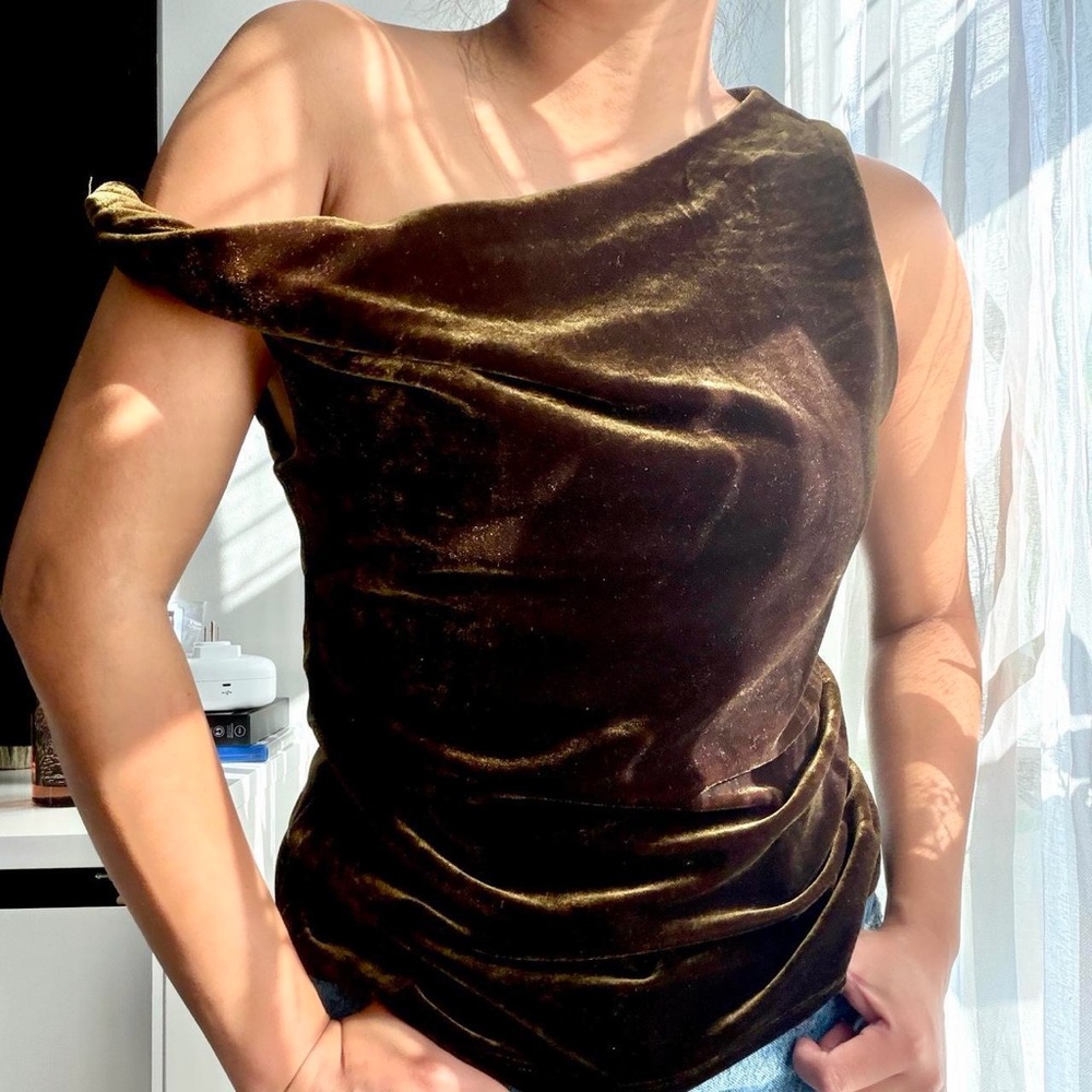 H&M Olive Green Velvet One-Shoulder Draped Camisole